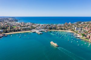 Aerial view on famous Manly Wharf and Manly, Sydney, Australia.